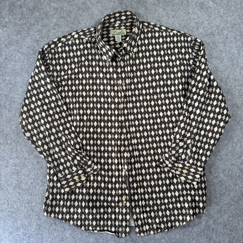 Links Edition Diamond Print Button Down XL Brown Cream 100% Cotton Long Sleeve
